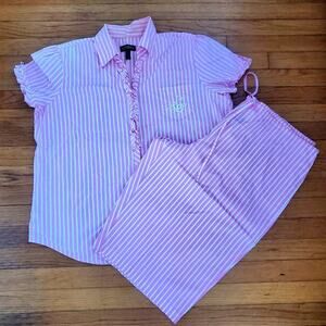 Ralph Lauren Women's Pink Striped Short Sleeve Shorts Pajama Set Extra Large XL